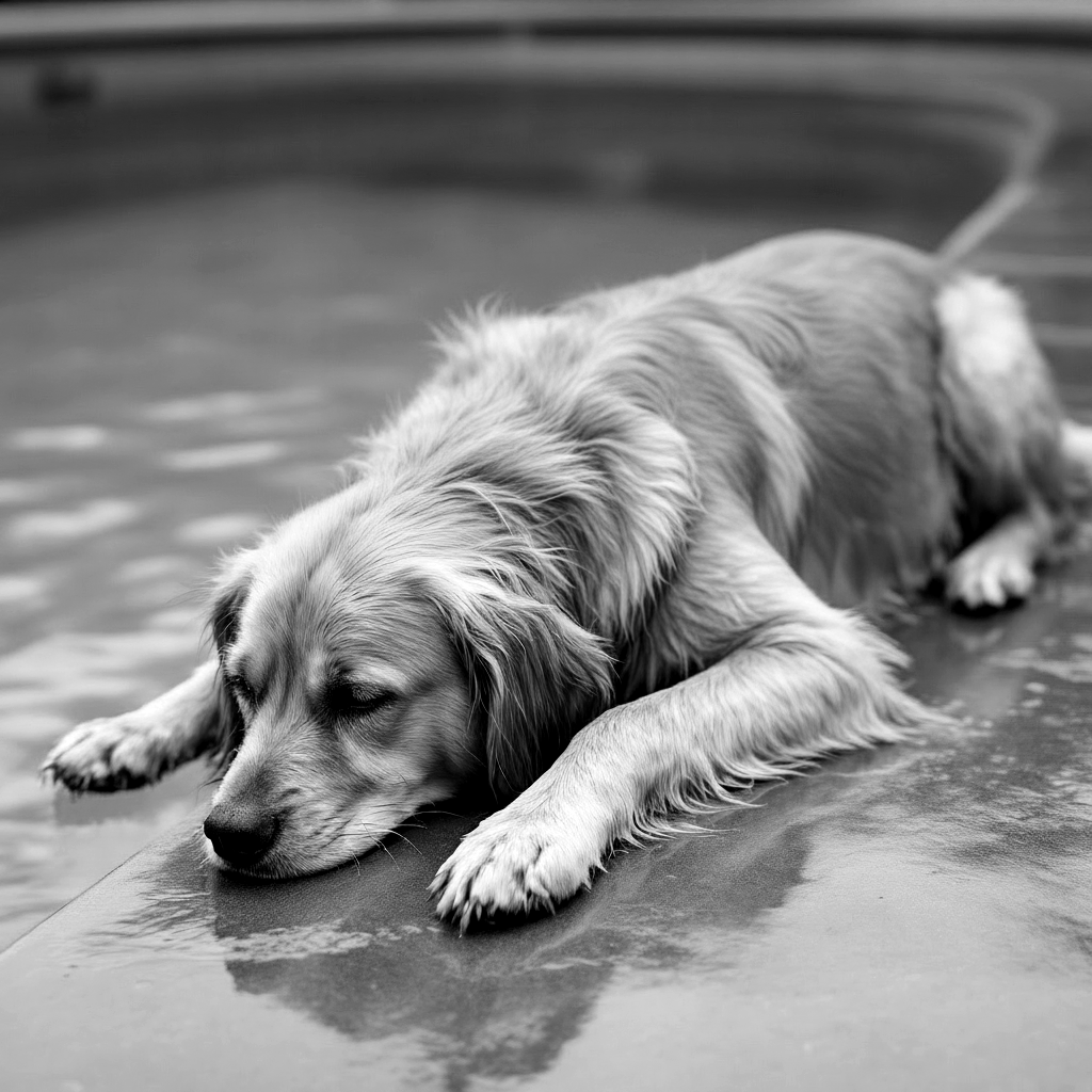 Perro agotado y empapado en el borde de la piscina, sin chaleco