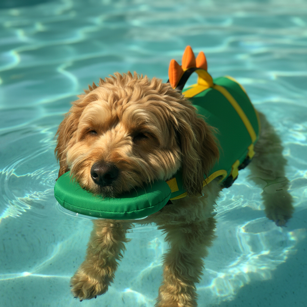 Perro flotando relajado con el Flotador Canino, la cabeza fuera del agua